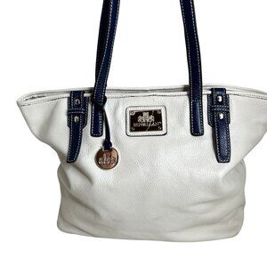 Rowallan White & Navy Leather Tote Bag With Metal Logo Plate